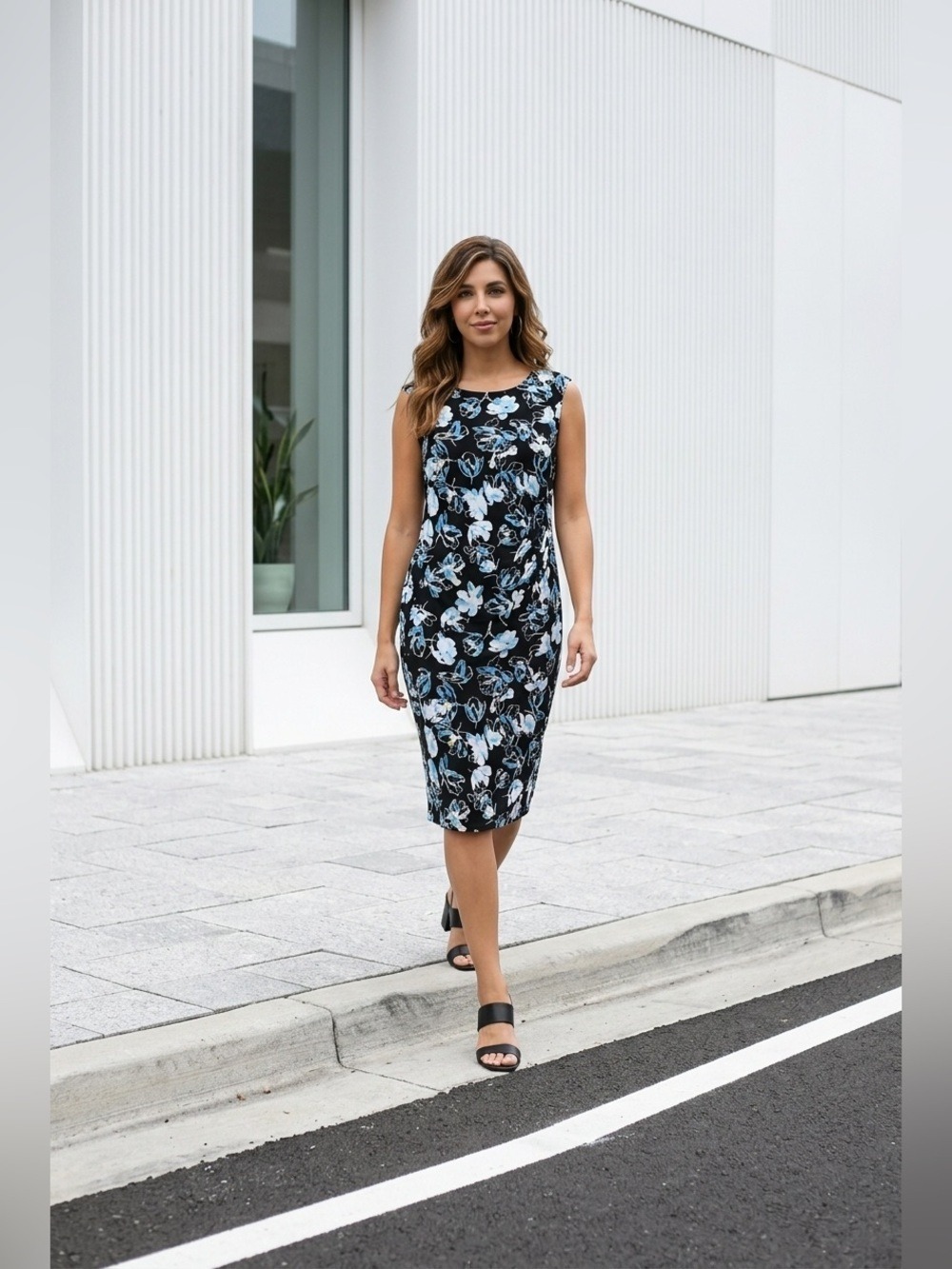 Jones New York (L) MIDI Dress Blue/Black/White Floral